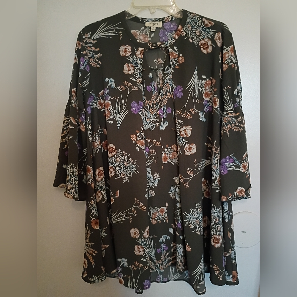 Umgee Floral Blouse with Purple‎ and Brown Accents Women Sz S Cotton Blend